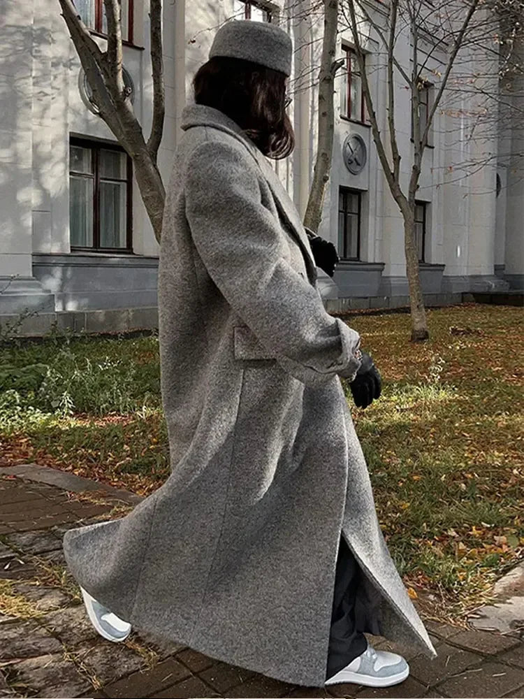Turn Down Collar Long Sleeve Lady Long Pocket Breasted Coat