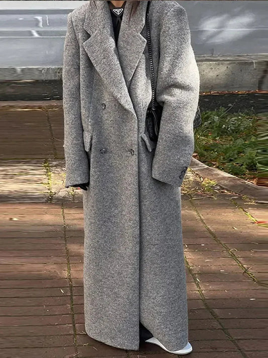 Turn Down Collar Long Sleeve Lady Long Pocket Breasted Coat