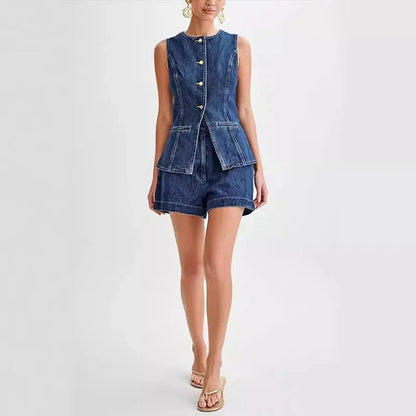 Denim O-neck Sleeveless Shorts Office Two Piece Set