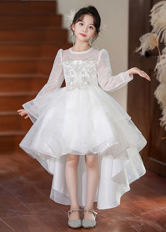 White O-neck Low High Design Tulle Maxi Dresses Spring Ye003