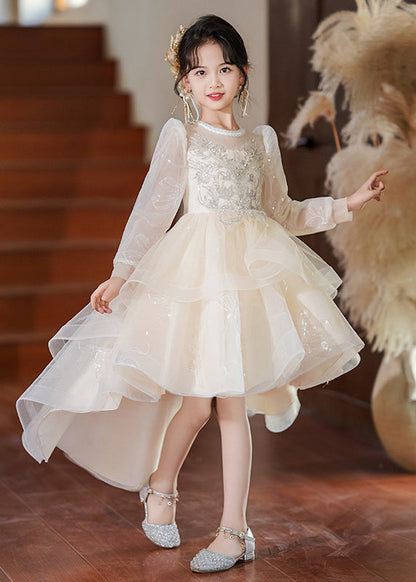 White O-neck Low High Design Tulle Maxi Dresses Spring Ye003