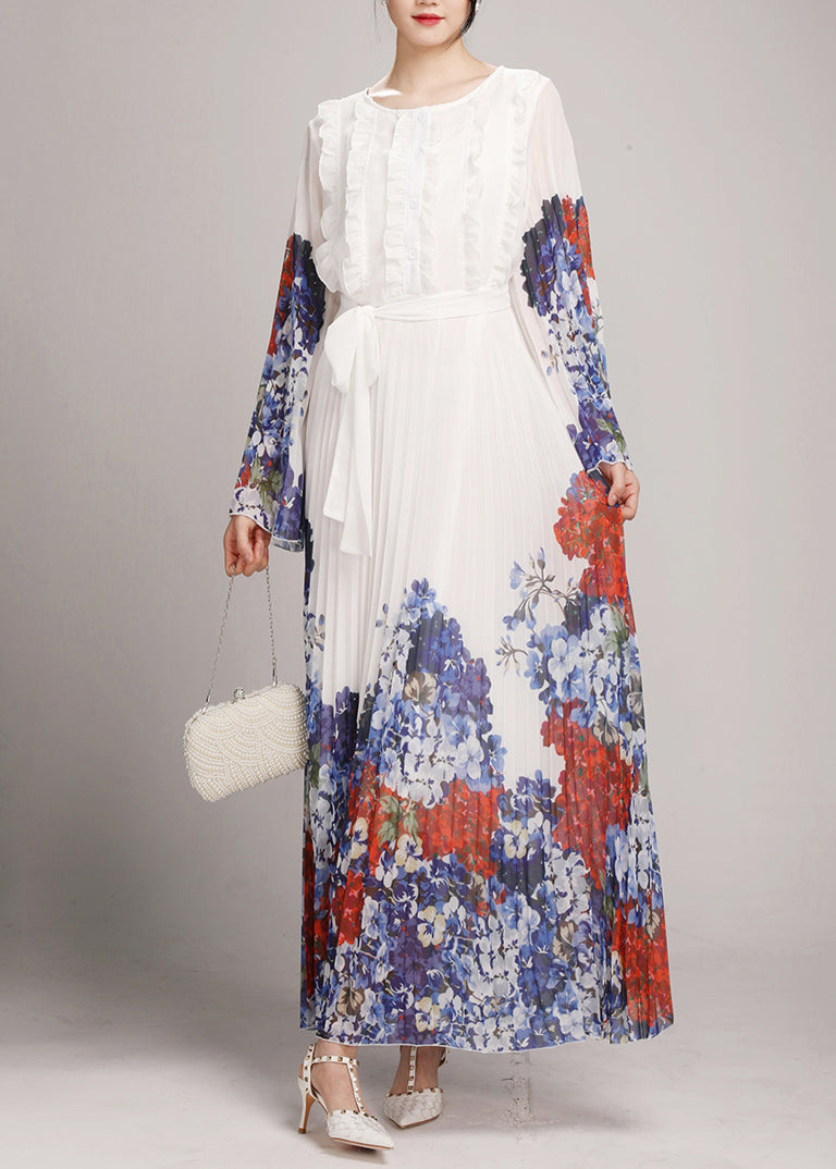 White O-neck Ruffled Patchwork Tie Waist Chiffon Long Dress Long Sleeve Ao1034