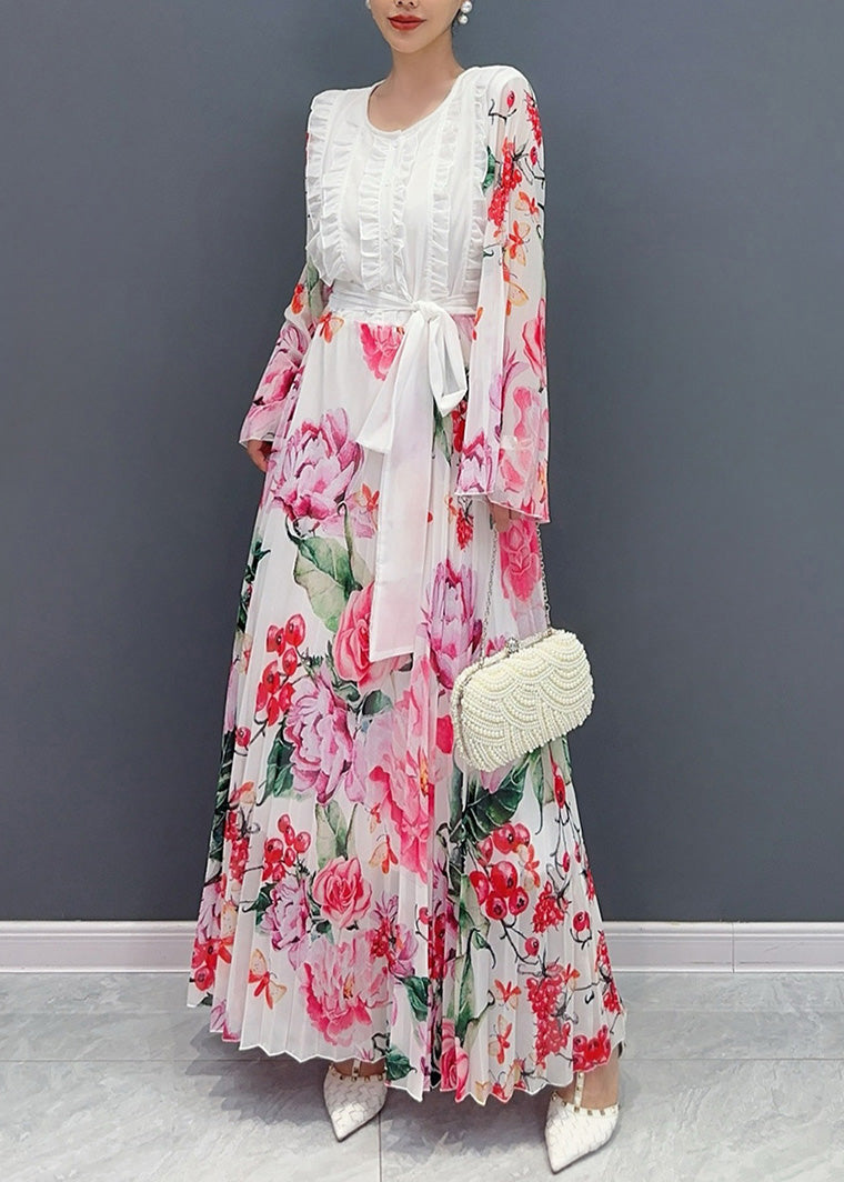White O-neck Ruffled Patchwork Tie Waist Chiffon Long Dress Long Sleeve Ao1034