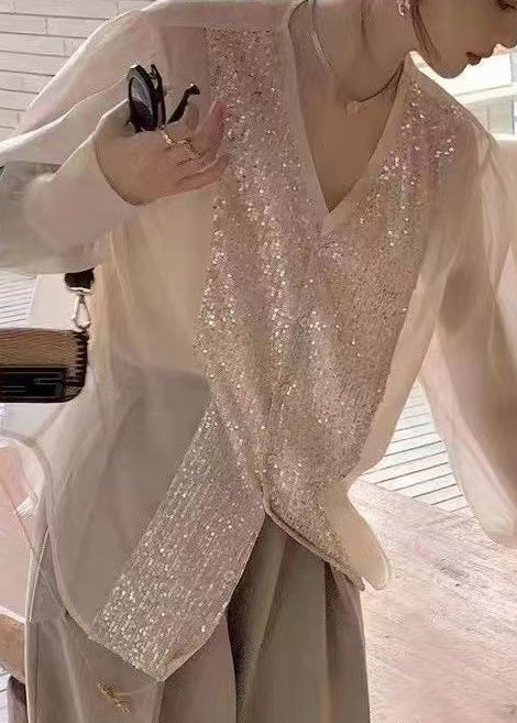 White V Neck Sequins Patchwork Silk Blouses Long Sleeve Op1029