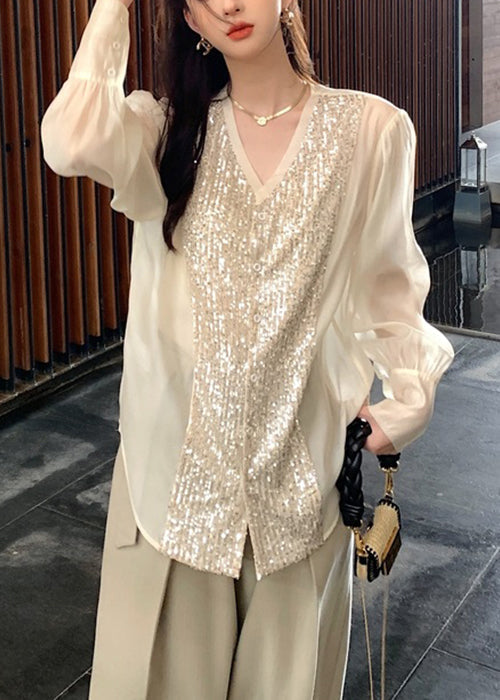 White V Neck Sequins Patchwork Silk Blouses Long Sleeve Op1029