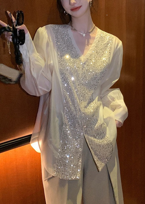 White V Neck Sequins Patchwork Silk Blouses Long Sleeve Op1029