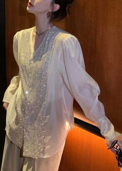 White V Neck Sequins Patchwork Silk Blouses Long Sleeve Op1029