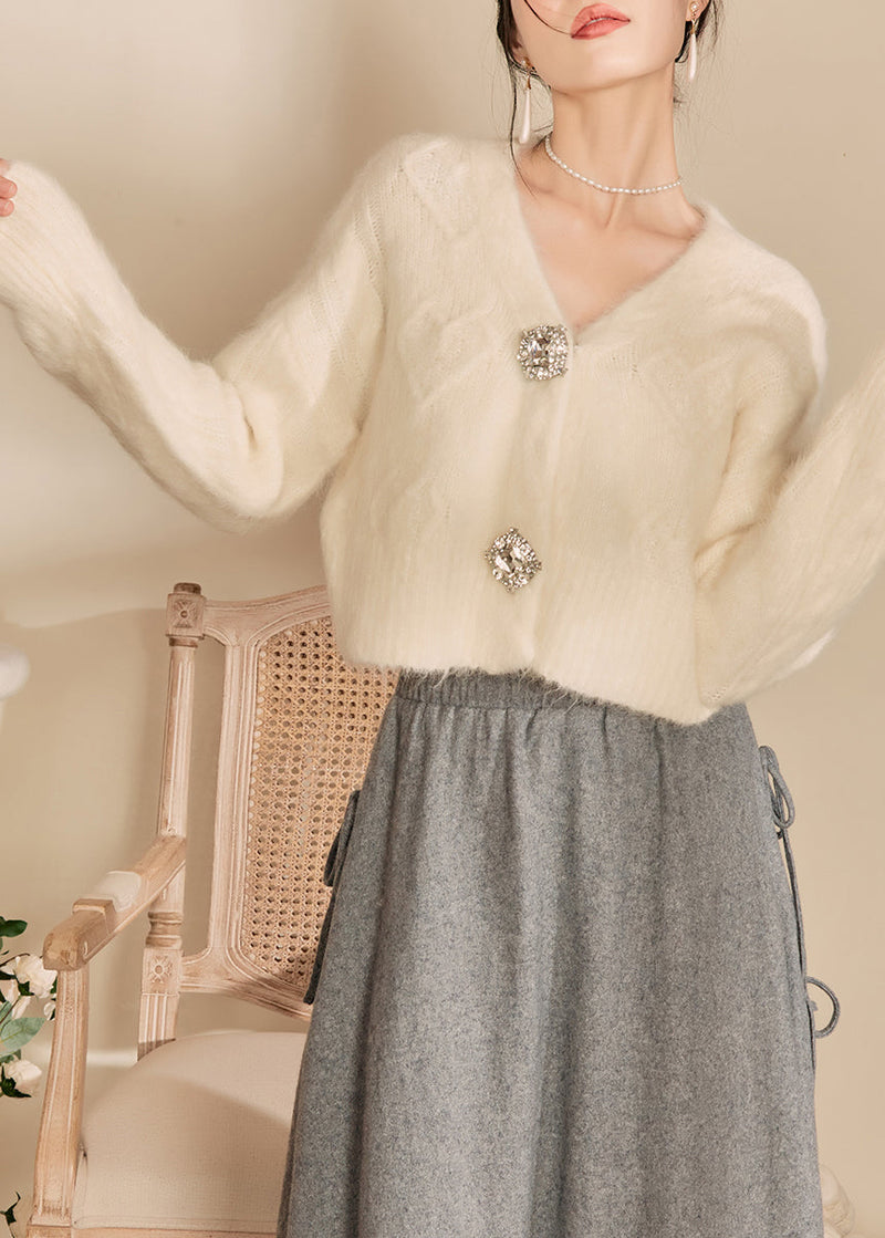 White V Neck Woolen Short Cardigans Fall Wv014