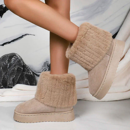 Round Toe Warm Thickened Plush Winter Beige Mid-calf Boots Thick Sole Comfortable Anti-slip Snow Boot