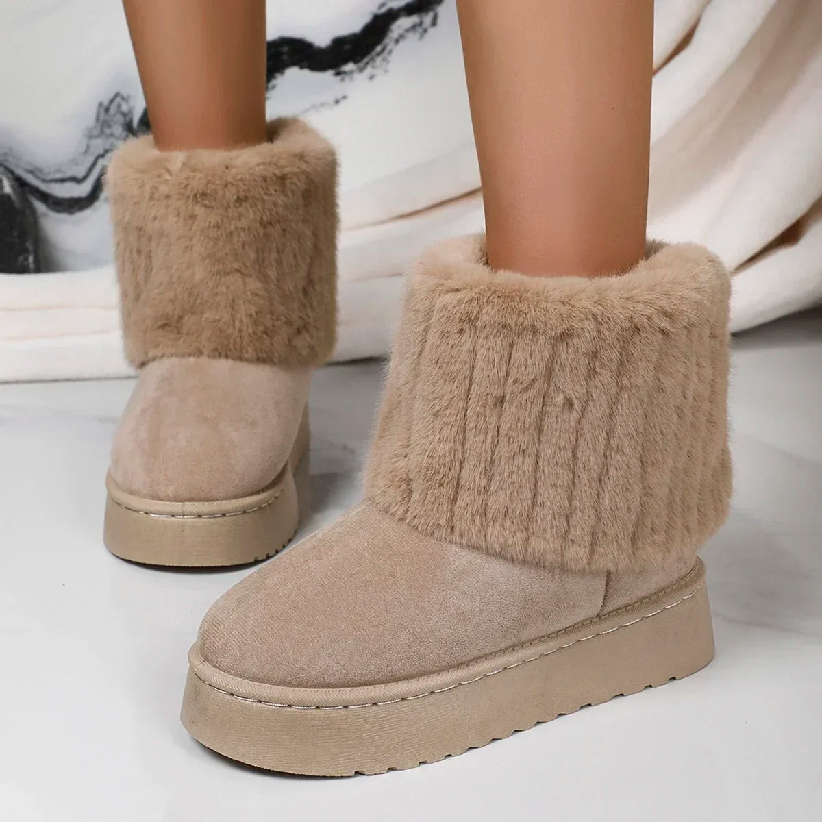 Round Toe Warm Thickened Plush Winter Beige Mid-calf Boots Thick Sole Comfortable Anti-slip Snow Boot