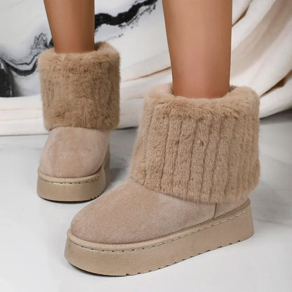 Round Toe Warm Thickened Plush Winter Beige Mid-calf Boots Thick Sole Comfortable Anti-slip Snow Boot
