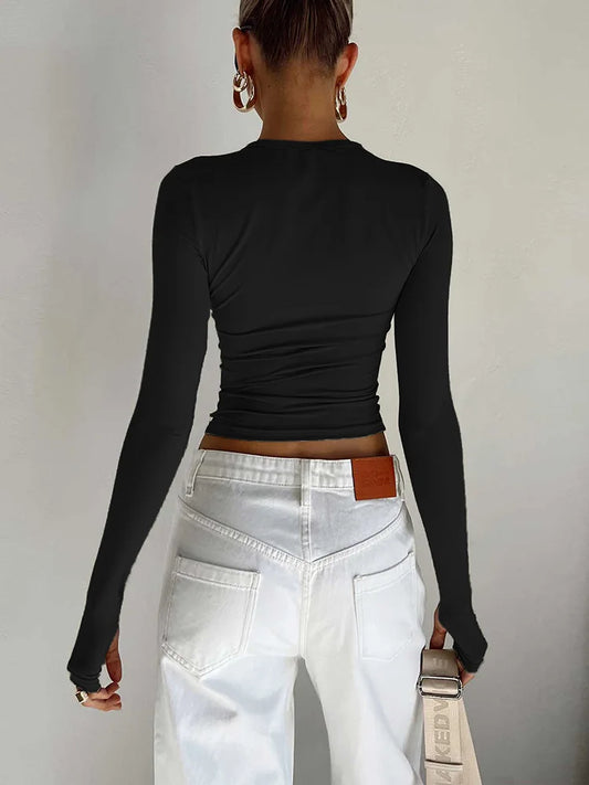 T-shirt Long Sleeve Crew Neck Slim Fit Crop Top With Thumb Holes for Daily Summer Camis