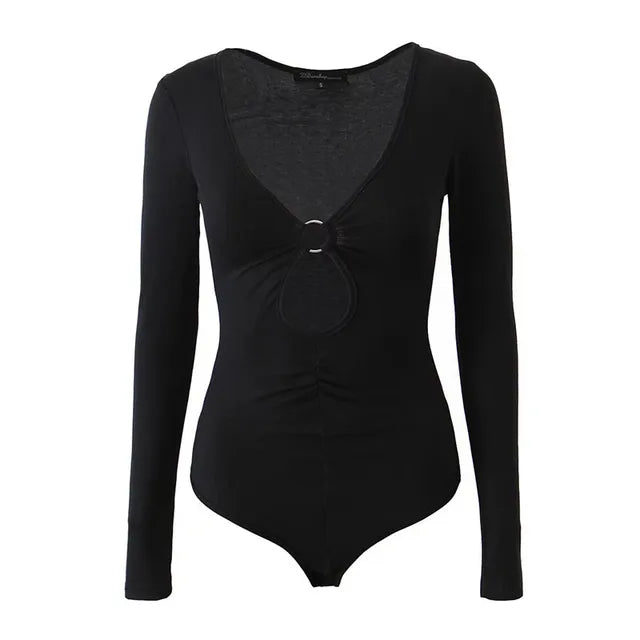 ��s Long-sleeved Bodysuit Color Hollow Low-cut V-neck Jumpsuit Spicy Girl Top Club Y2k Clothing
