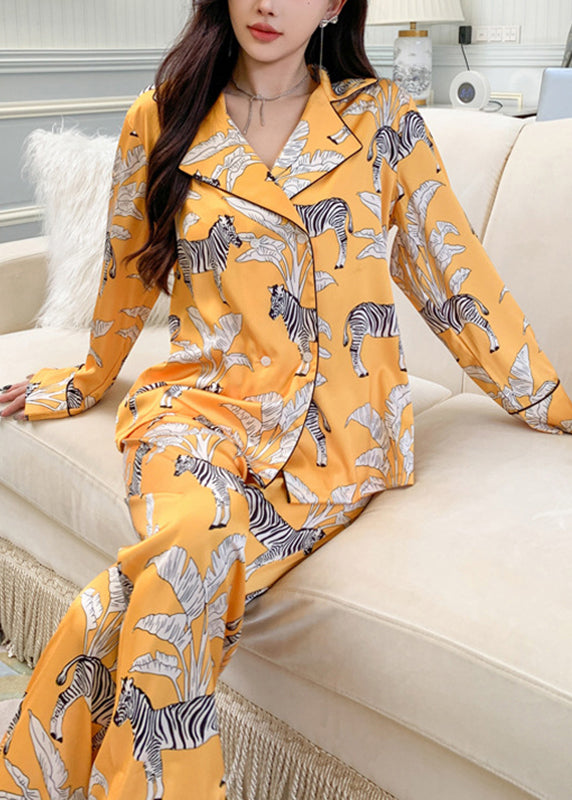 Yellow Notched Print Shirts and Pants Two Pieces Set Spring Xs1011