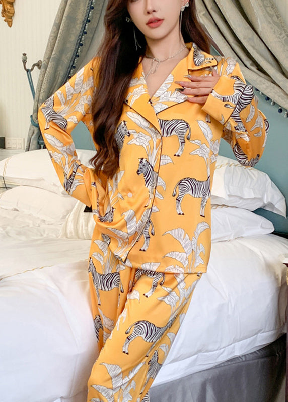 Yellow Notched Print Shirts and Pants Two Pieces Set Spring Xs1011