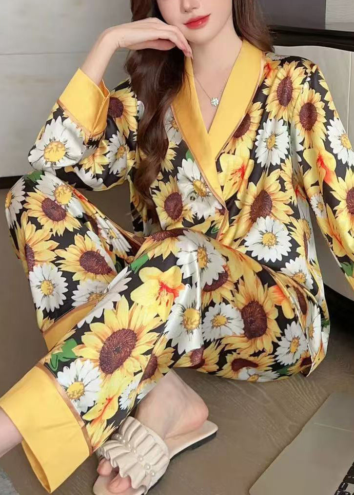 Yellow Print Shirts and Pants Ice Silk Pajamas Two Piece Set Spring Yk007