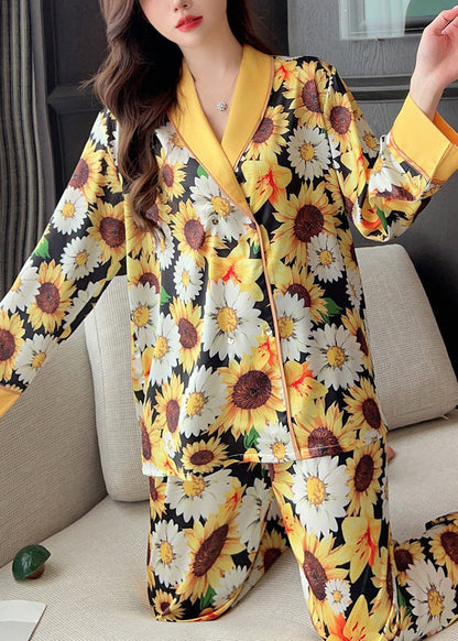 Yellow Print Shirts and Pants Ice Silk Pajamas Two Piece Set Spring Yk007