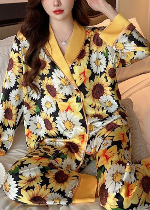 Yellow Print Shirts and Pants Ice Silk Pajamas Two Piece Set Spring Yk007
