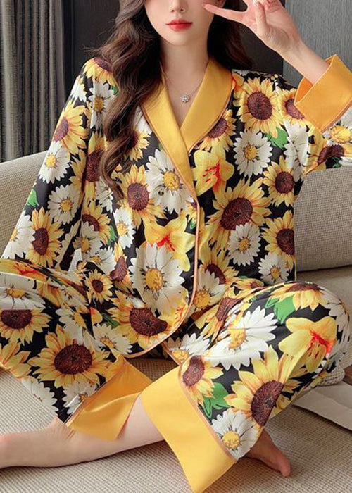 Yellow Print Shirts and Pants Ice Silk Pajamas Two Piece Set Spring Yk007