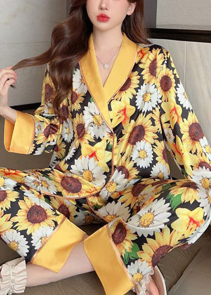 Yellow Print Shirts and Pants Ice Silk Pajamas Two Piece Set Spring Yk007