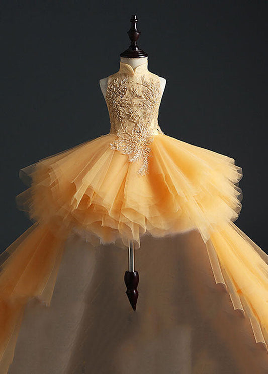 Yellow Stand Collar Embroideried Tulle Kids Long Dresses Sleeveless Ys007