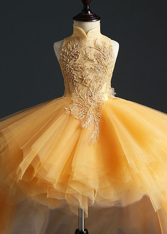 Yellow Stand Collar Embroideried Tulle Kids Long Dresses Sleeveless Ys007