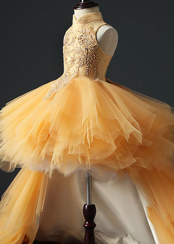 Yellow Stand Collar Embroideried Tulle Kids Long Dresses Sleeveless Ys007