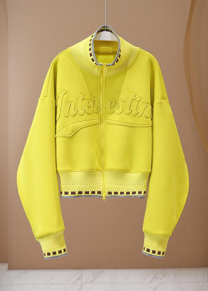 Yellow Stand Collar Graphic Patch Patchwork Coat Spring Ty023