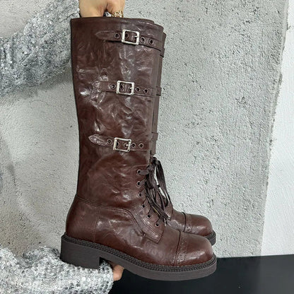 Designer Knee High Cross Tied Low Heel Autumn Ankle Boot