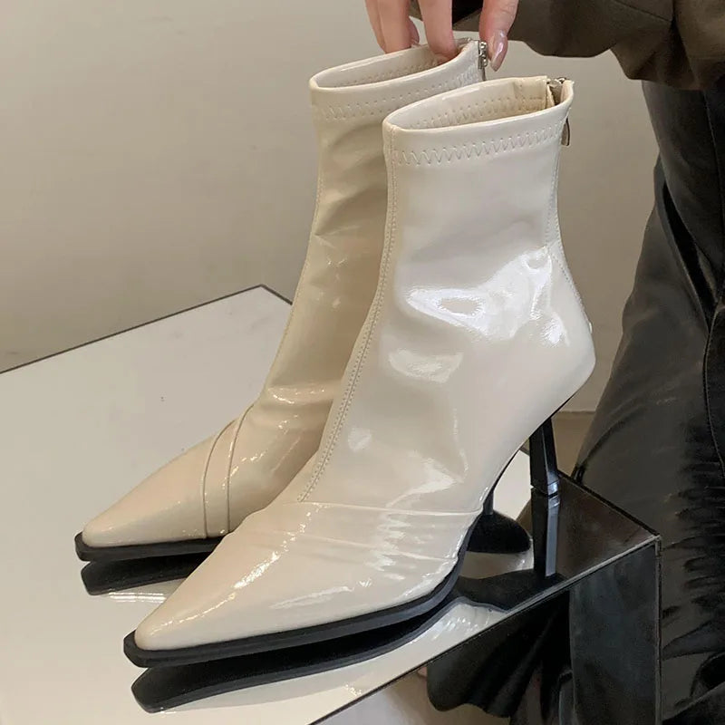 Pointed Toe Thin Heel Elastic Stretch Zippered Ankle Boot