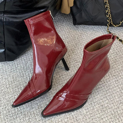 Pointed Toe Thin Heel Elastic Stretch Zippered Ankle Boot
