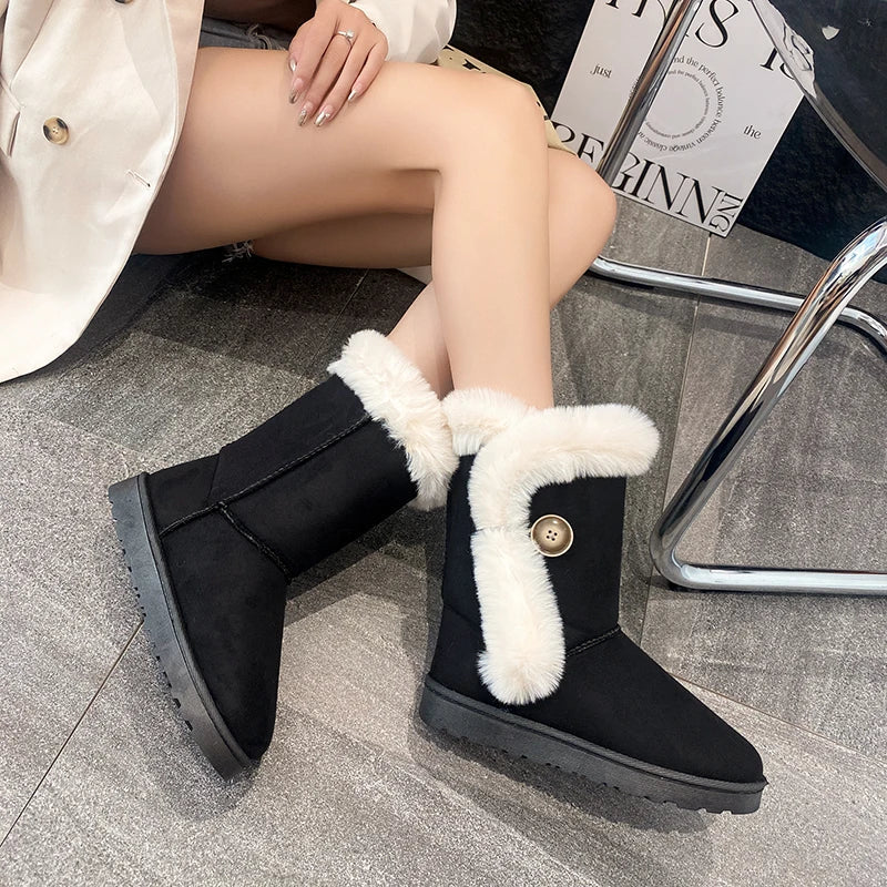Female Shoes on Winter Warm Mid-calf Boots and Versatile Plush Cotton Boots Botas De Mujer