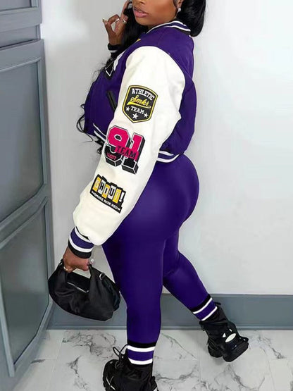 Letter Print Varsity Jacket Pants Set Ar50107