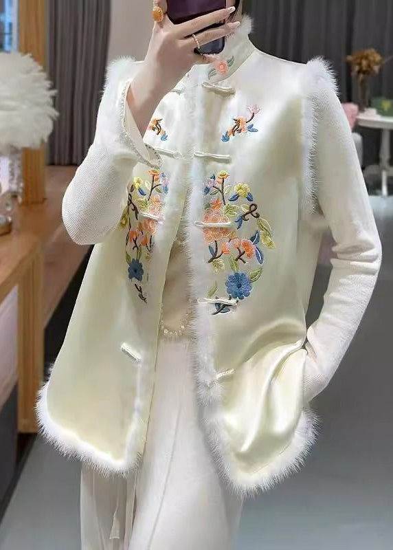 Fine Apricot Embroidered Button Patchwork Cotton Filled Waistcoat Sleeveless Rz030