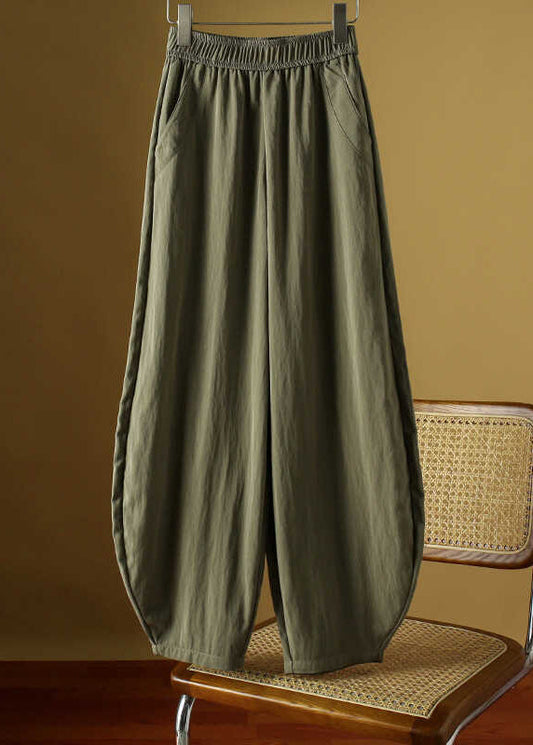 Fine Army Green Pockets Elastic Waist Ice Silk Lantern Pants Fall Qb014