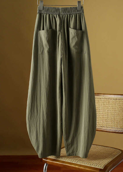 Fine Army Green Pockets Elastic Waist Ice Silk Lantern Pants Fall Qb014