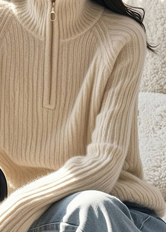 Fine Beige Zip Up High Neck Knitted Sweaters Spring To012