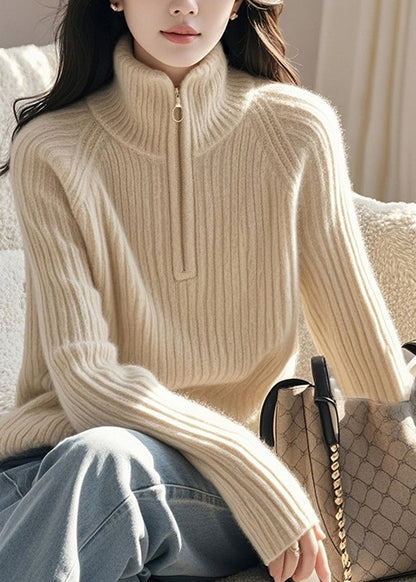 Fine Beige Zip Up High Neck Knitted Sweaters Spring To012
