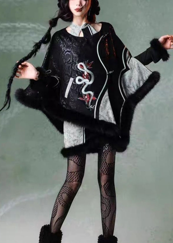 Fine Black Embroidered Patchwork Faux Suede Cape Coats Spring Yt035
