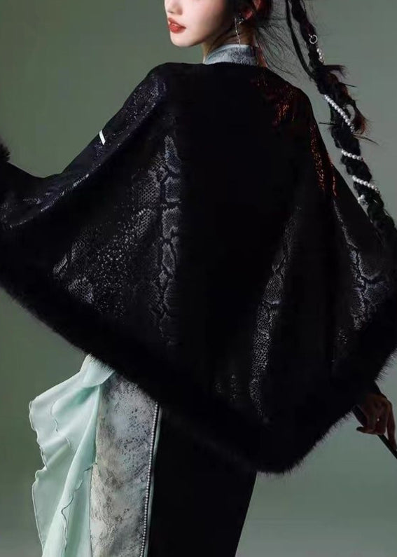 Fine Black Embroidered Patchwork Faux Suede Cape Coats Spring Yt035