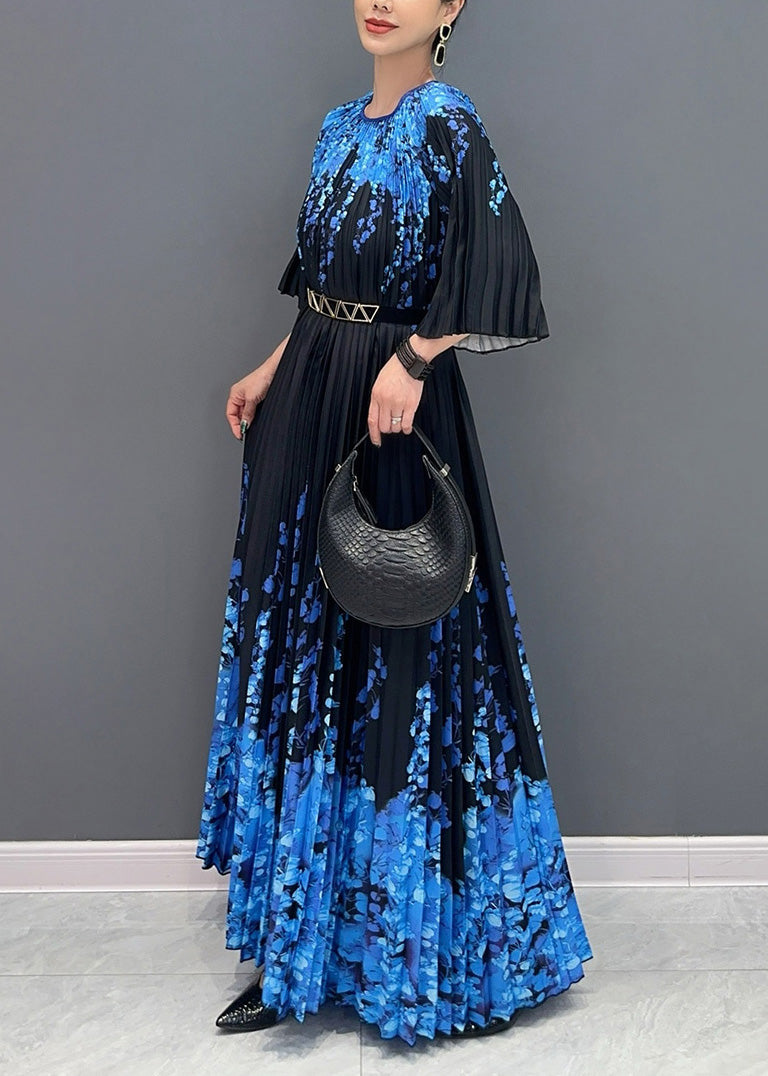 Fine Black O Neck Print Pleated Long Dresses Summer Ao1006