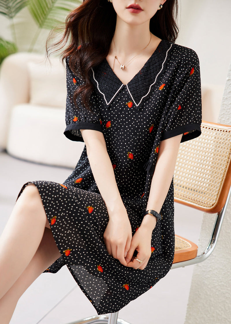 Fine Black Peter Pan Collar Dot Print Chiffon Maxi Dresses Short Sleeve Ww041