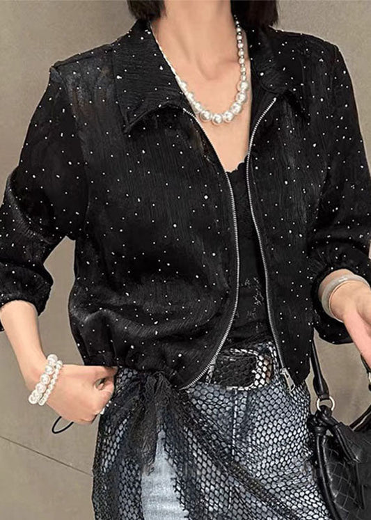 Fine Black Peter Pan Collar Zircon Zippered Upf 50+ Coat Long Sleeve Vb1051