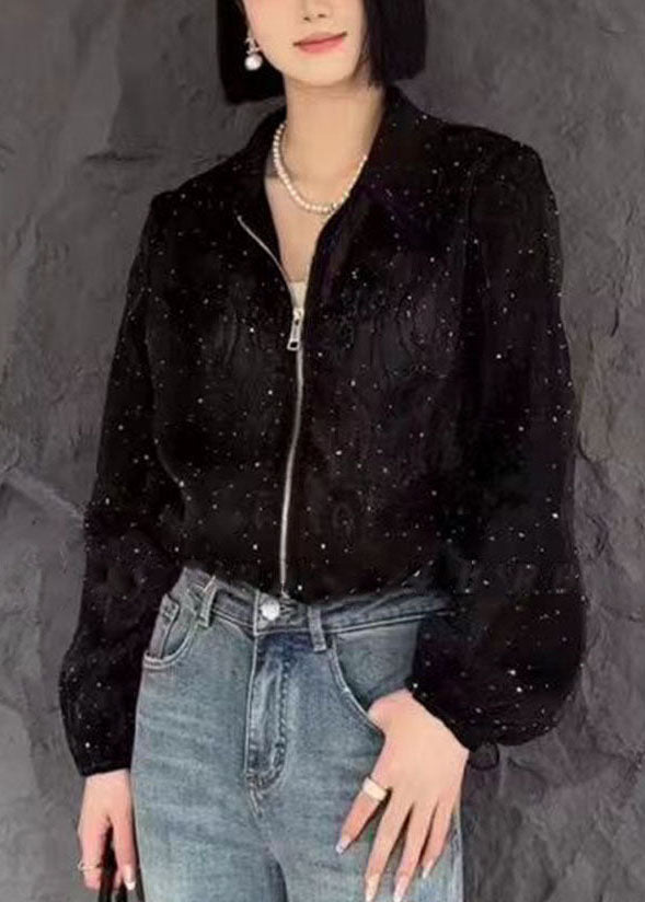 Fine Black Peter Pan Collar Zircon Zippered Upf 50+ Coat Long Sleeve Vb1051
