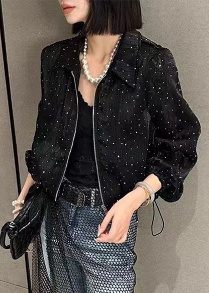 Fine Black Peter Pan Collar Zircon Zippered Upf 50+ Coat Long Sleeve Vb1051