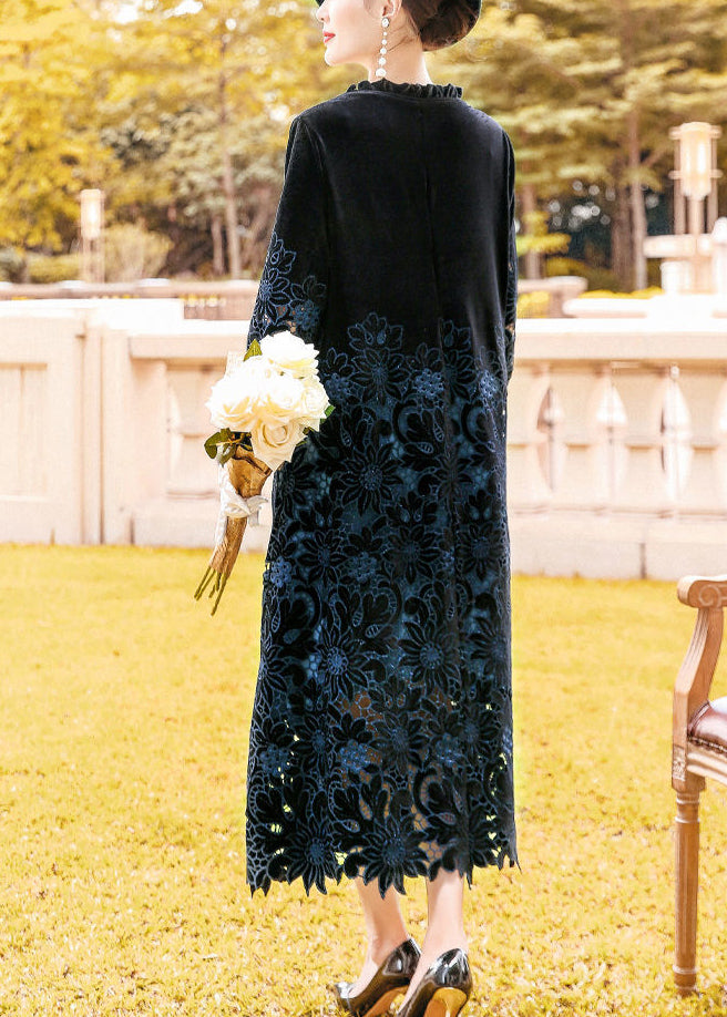 Fine Black Ruffled Embroideried Hollow Out Silk Velour Long Dress Ac3059