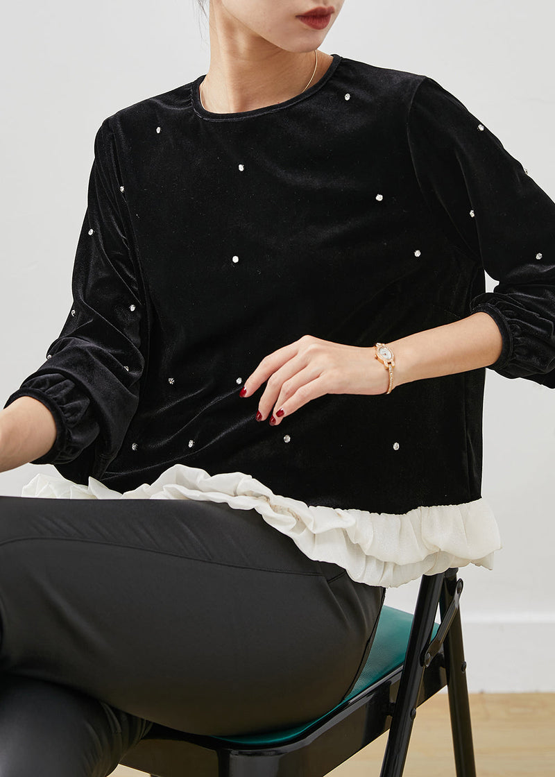 Fine Black Ruffled Patchwork Nail Bead Velour Blouse Tops Spring Yu1055