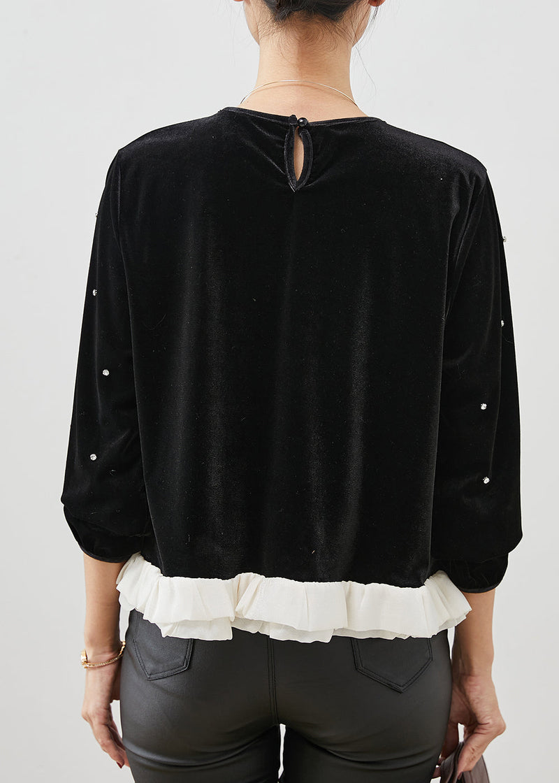 Fine Black Ruffled Patchwork Nail Bead Velour Blouse Tops Spring Yu1055