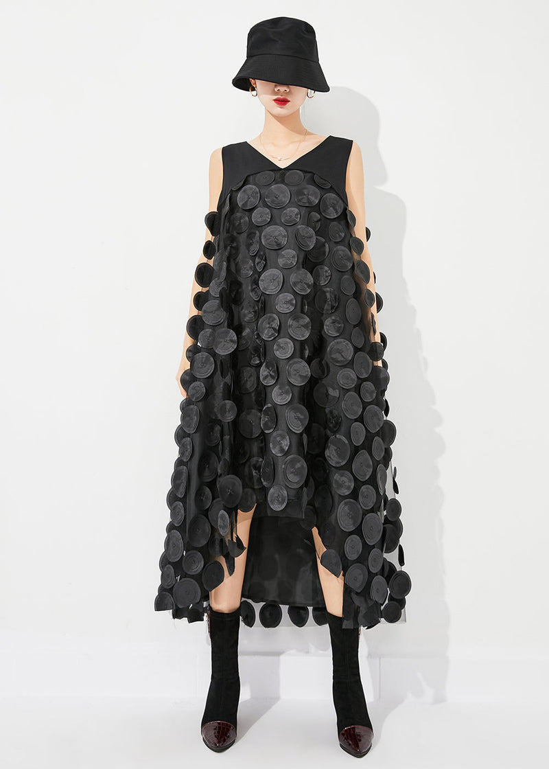 Fine Black V Neck Patchwork Low High Design Tulle Long Dresses Sleeveless Ly0882
