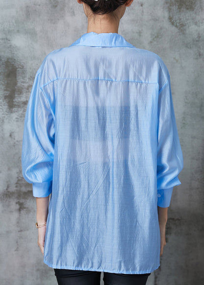 Fine Blue Asymmetrical Wrinkled Linen Blouse Top Summer Al1021